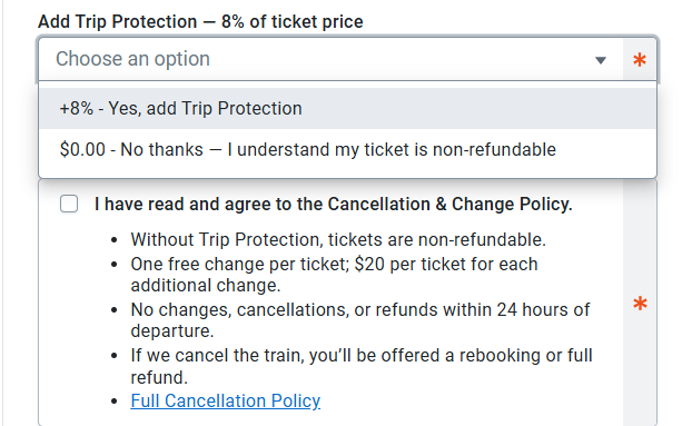 Dropdown menu for trip protection with policy details listed below.