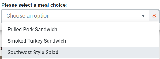 Dropdown menu with meal options: Pulled Pork, Smoked Turkey Sandwich, Southwest Style Salad.