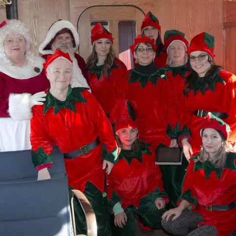 Group of people dressed as elves and Mrs. Claus in a festively decorated room.