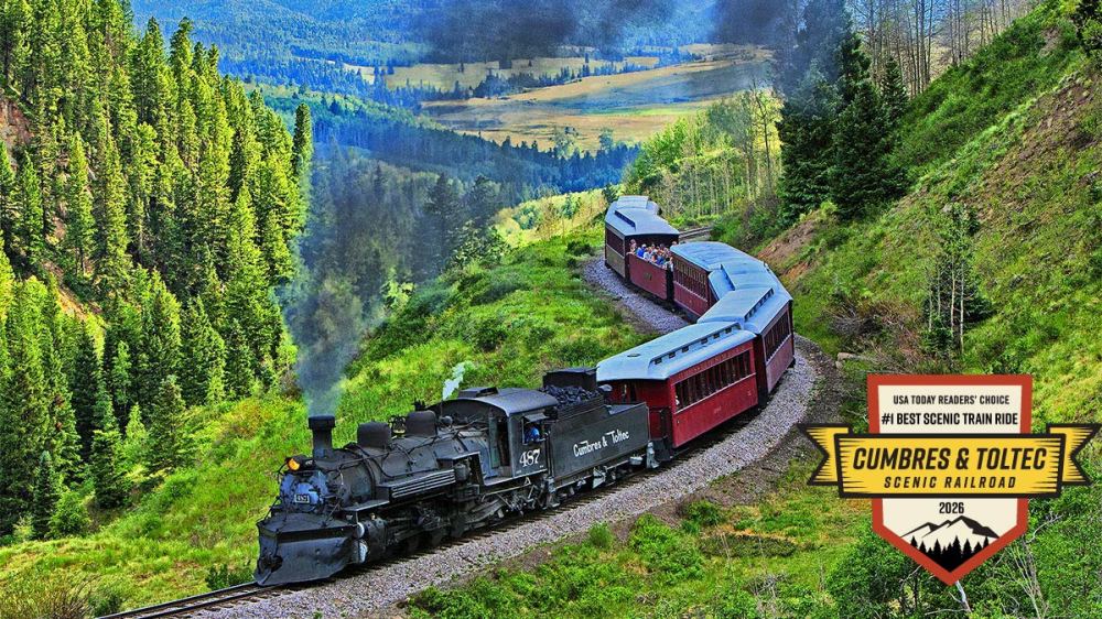Cumbres & Toltec steam train traveling through forested mountains. USA Today 10Best badge in corner.