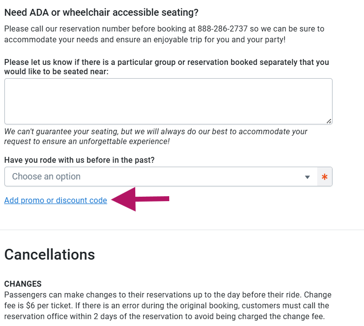 Booking page section with a promo code link.