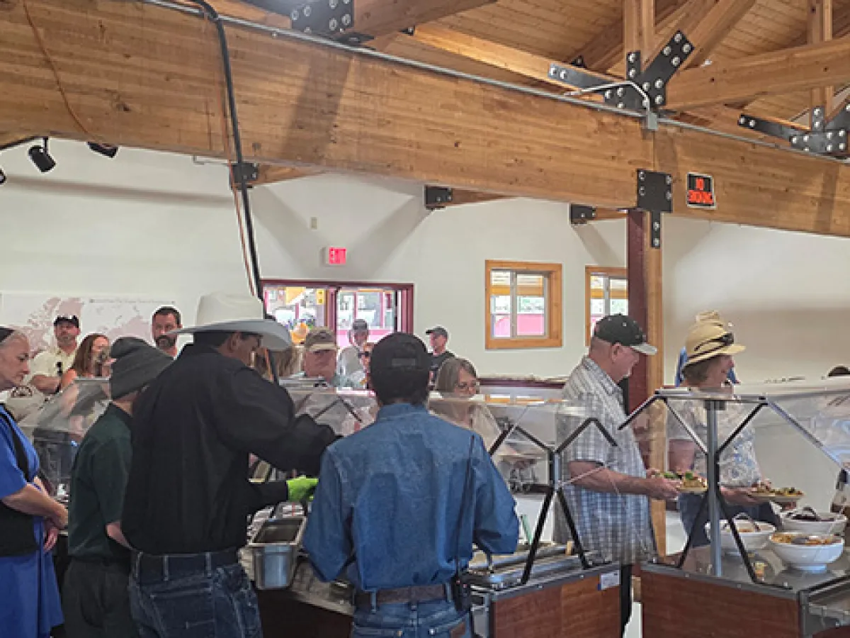 People in line at a buffet under a wooden ceiling.