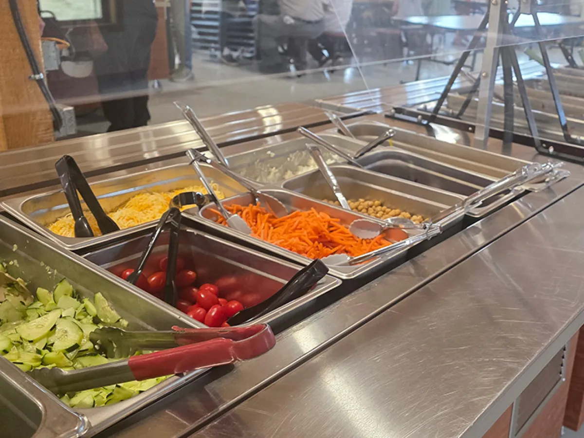 Salad bar with various vegetables and tongs on a metal counter.