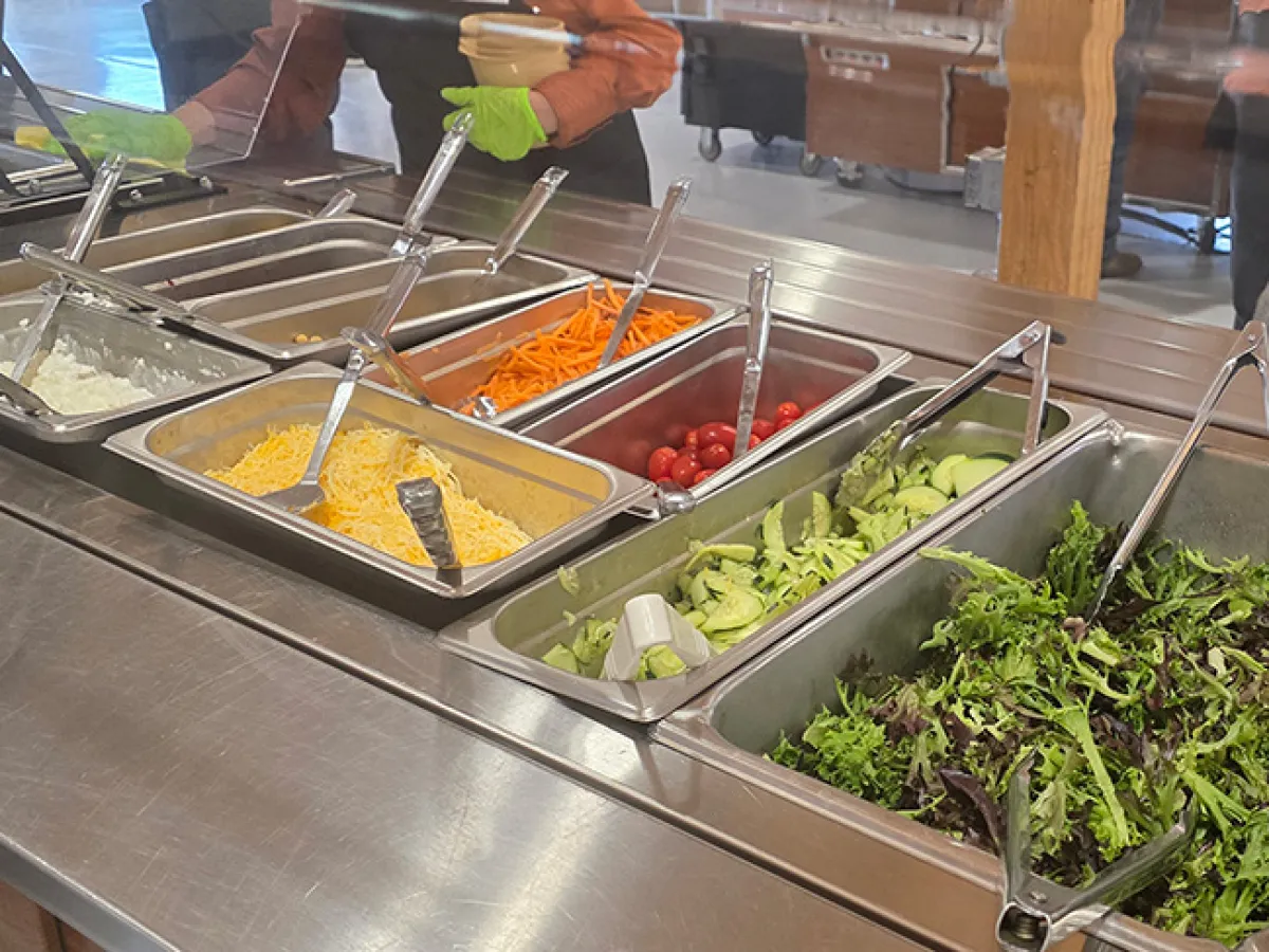 Salad bar with various vegetables including lettuce, cherry tomatoes, and shredded carrots.