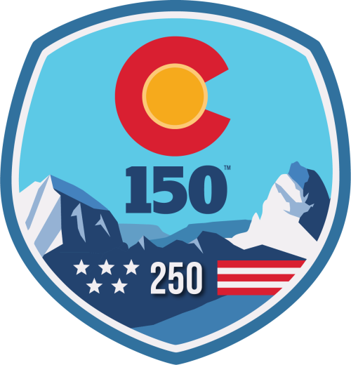 Colorado 150 | America 250 logo. Shield with Colorado flag, mountains, stars, 150, and 250 text.