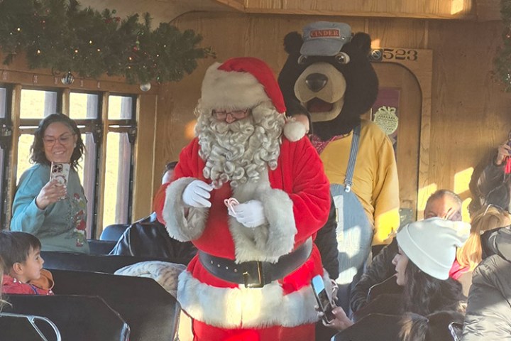 Santa and a bear mascot entertain kids on a holiday train ride.