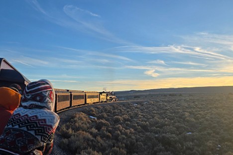 People on train looking at sunset over desert landscape.